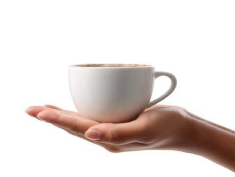 A hand gently cradles a pristine white cup, exuding an aura of comfort and relaxation. 