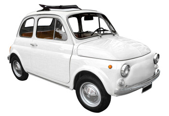 Old vintage white microcar, isolated on transparent background.