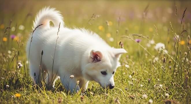Captivating portrait of a charming white puppy exploring a vibrant flower meadow during summer - Powered by Adobe