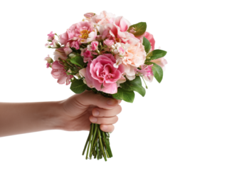 A delicate hand presents a charming bouquet of pink flowers, including roses