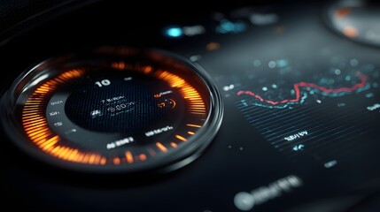 Close-up of a smart dashboard with a responsive solar graph, glowing in real-time with an ambient LED ring and high-fidelity UI design.