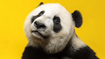 Surprised panda with amazed reaction concept. Close-up of a curious panda against a vibrant yellow background.