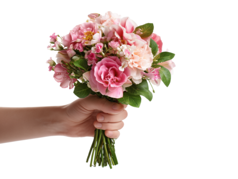 A delicate hand presents a charming bouquet of pink flowers, including roses
