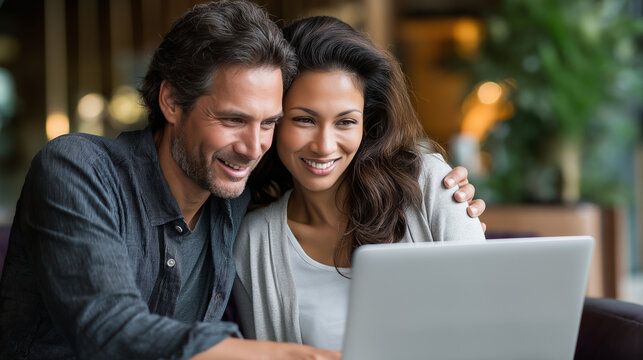 Happy couple using laptop for online shopping in natural light