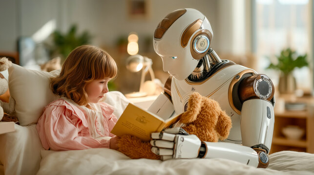 A humanoid robot with AI gently reading a bedtime story to a young girl, holding a teddy bear, in a cozy bedroom surrounded by soft lighting and stuffed animals. Concept of bedtime care for children - Powered by Adobe