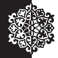 Traditional Kazakh round ornament silhouette on a black and white background. Vector illustration