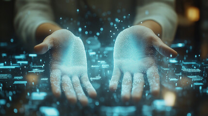 Hands displaying holographic interface representing future education concepts  