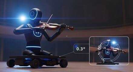 Robot Playing Violin on Platform with Digital Overlay