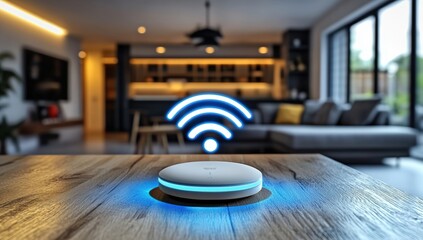 A sleek smart home device on a wooden table emits a glowing blue Wi-Fi signal in a modern living room setting.