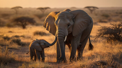 Naklejka premium An African elephant mother gently touches her baby with her trunk in a golden, grassy savanna at sunset, creating a heartwarming scene.