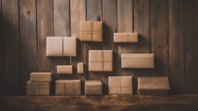 A collection of twelve gift packages wrapped in plain beige paper with light string bows,