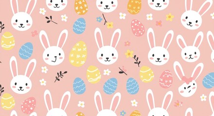 Pink Easter pattern of bunnies, decorated eggs, and flowers on a pastel background