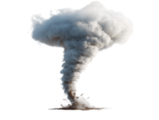 A powerful tornado, rendered in stunning photorealism, twists menacingly