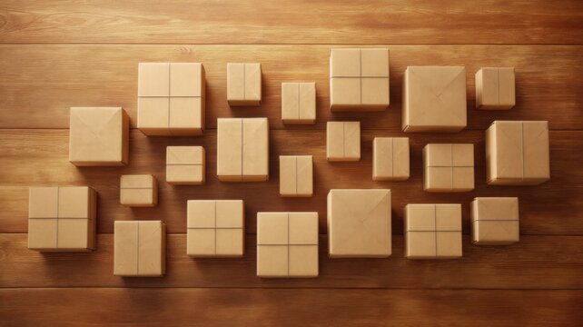 Several brown paper boxes of varying sizes are neatly arranged on a wooden surface,