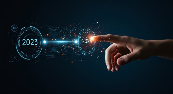 Futuristic Transition from 2023 to 2024: Hand Interacting with Holographic Interface Showing New Year's Progress and Technological Advancement
