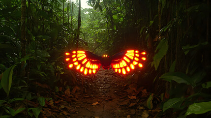 Bioluminescent creature with glowing wings in a dense jungle path.  Glowing orange-red wings on a dark creature, in the middle of a dimly lit jungle path, surrounded by lush greenery
