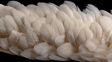 Fototapeta premium A collection of white feathers densely arranged against a black background,