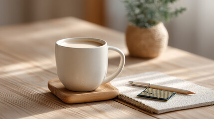 AI chip prototype concept with energy efficient design placed near coffee cup on wooden table in cozy setting