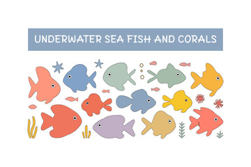 flat minimalistic illustration of seafish and corals