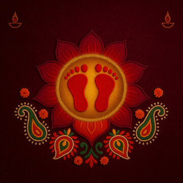 Lakshmi Charan Rangoli with Floral and Paisley Patterns.