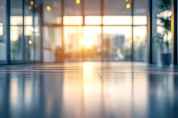 Modern office lobby at sunset