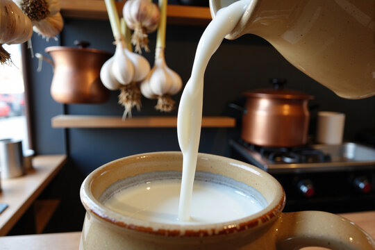 Fresh white milk being poured from a vintage pitcher into a rustic ceramic bowl in a cozy, country-style kitchen, creating a wholesome and timeless scene of farm-to-table nourishment