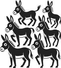 Black donkeys with playful expressions in various poses animal white