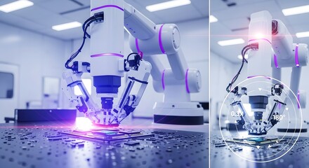 Automated White Robotic Arm Working on Circuit Board in Clean Lab