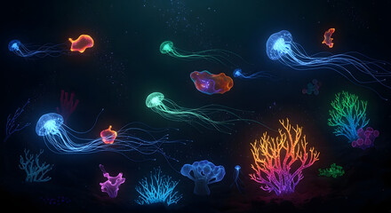 Naklejka premium Bioluminescent Creatures in Deep Oceans