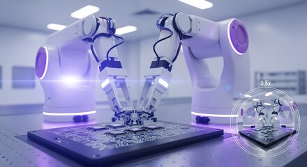 Robotic Arms Assembling Circuit Board with White Mechanisms in Futuristic Lab