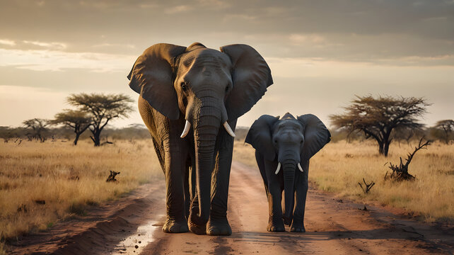 Two elephants, a large adult and a smaller juvenile, walk along a dirt road in a dry, grassy African savanna at sunset.