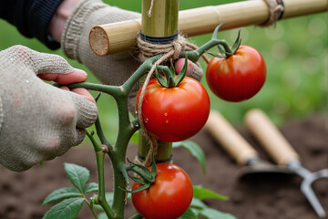 close-up shot of a gardener's gloved hand carefully inspecting and tending to a vine of ripening organic tomatoes in a home garden, illustrating sustainable agriculture and care