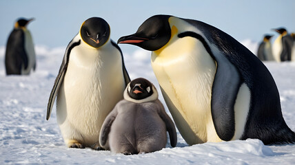 Emperor penguin family standing on the ice, with two adult penguins and a chick in the foreground, other penguins in the background.