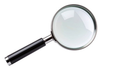 Office document magnifier with a clear glass lens and ergonomic handle, designed for reading fine print or detailed inspection, fully isolated on a transparent PNG background.