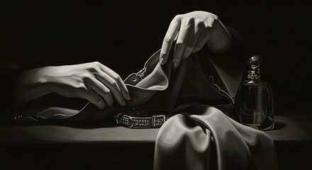 A person's hands delicately handle fabric next to a watch and glass decanter in dramatic, low-key lighting.