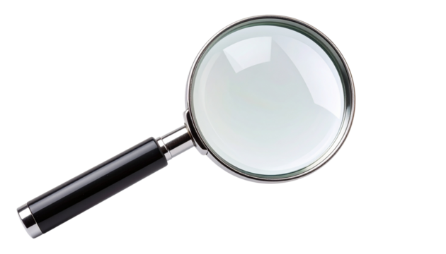 Office document magnifier with a clear glass lens and ergonomic handle, designed for reading fine print or detailed inspection, fully isolated on a transparent PNG background.