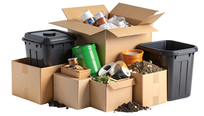 Pile of assorted garbage and waste, including a carton box, black trash bin, masking tape, and waste soil. Realistic 3D rendering isolated on a transparent background 