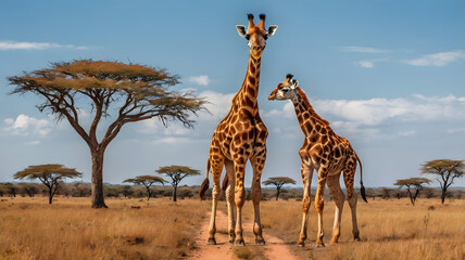 Obraz premium Two giraffes stand on a dirt path in an African savanna, surrounded by acacia trees.