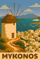 Poster Travel Greece Mykonos, white windmills, old Mediterranean European culture, vector illustration