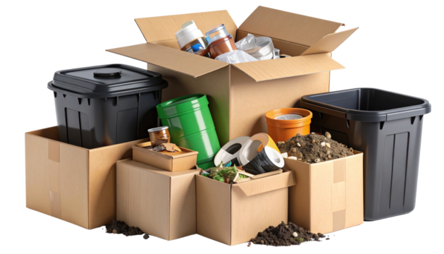 Pile of assorted garbage and waste, including a carton box, black trash bin, masking tape, and waste soil. Realistic 3D rendering isolated on a transparent background 