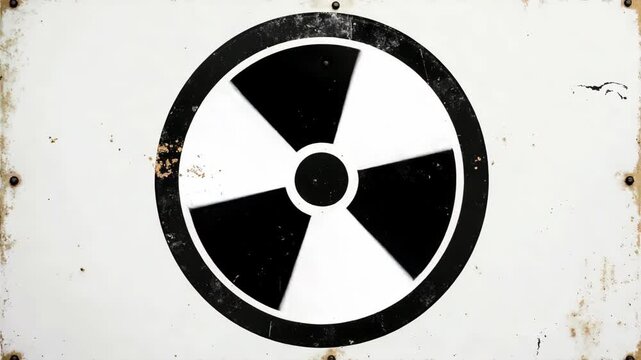 A weathered radiation hazard symbol on a white background..