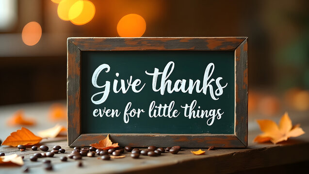 Miniature chalkboard sign with distressed wooden frame displaying handwritten inspirational Thanksgiving message, surrounded by coffee beans and orange autumn leaves on rustic table
