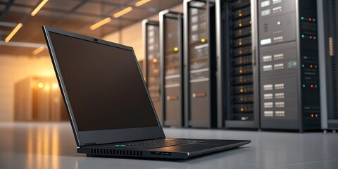 Laptop computer in server room for data processing and cloud computing