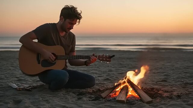 Man playing acoustic guitar on beach at sunset with bonfire