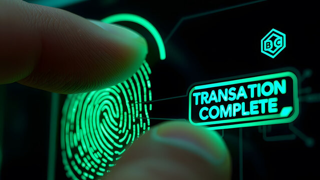 A close-up view of a finger scanning a biometric fingerprint for secure digital transaction completion. - Powered by Adobe
