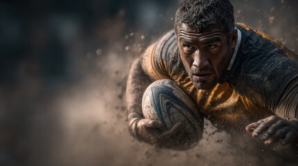 Obraz premium Rugby Player in Black and Yellow Uniform Grasping Ball During Outdoor Competition