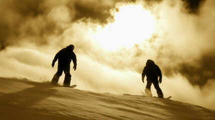 Two thrill-seeking individuals snowboarding down a majestic mountain slope, embracing winter fun