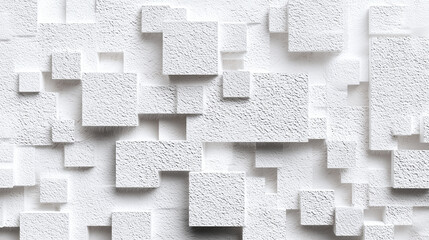 White textured wall with raised square and rectangular blocks creating pixelated pattern and modern abstract design with soft shadows and depth