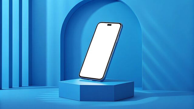 Blank screen phone mockup on blue podium for app presentation design