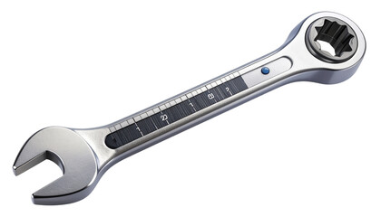 Torque wrench with a long handle and precision adjustment dial, featuring a ratcheting head and measurement scale, fully isolated on a transparent PNG background 